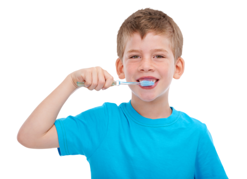 Dental care, brushing teeth and child portrait with toothbrush and healthcare. Happy, young boy and kid with healthy morning routine for oral hygiene isolated on a transparent, png background
