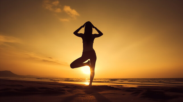 A silhouette of a woman in a yoga pose with the sun setting behind her. Use warm, golden tones to give the image a peaceful, relaxing feel. Add a white space at the bottom of the image for text or bra