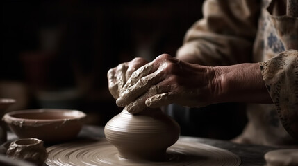 Close-up of a potter's hands shaping clay on a pottery wheel, with their face not visible, and focusing on the spinning wheel, clay, and hand movements. Showcasing the concept of pottery, ceramics, an