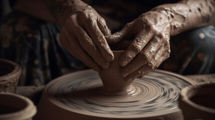 Fototapeta premium Close-up of a potter's hands shaping clay on a pottery wheel, with their face not visible, and focusing on the spinning wheel, clay, and hand movements. Showcasing the concept of pottery, ceramics, an