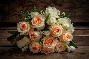 Bouquet of peach and white roses on a wooden table created using generative AI Tools