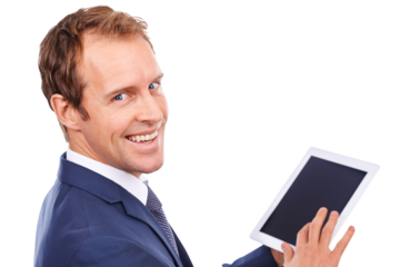 Happy businessman, portrait and digital tablet screen for sales, ecommerce app or salesperson website. Typing, email and car salesman face with deal information on isolated transparent png background