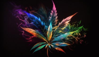 Weed leaves in a colorful abstract style with smoke background concept generative ai