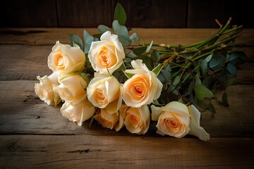 Bouquet of peach and white roses on a wooden table created using generative AI Tools