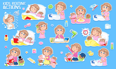 Learning concept - Daily routine of a little girl with light brown hair - Set of thirteen cute educational illustrations - Isolated - Blue background	

