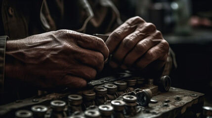 Close-up of a mechanic's hands repairing or inspecting a car engine, with their face not visible, and focusing on the tools, parts, and mechanical process. Showcasing the concept of automotive repair,