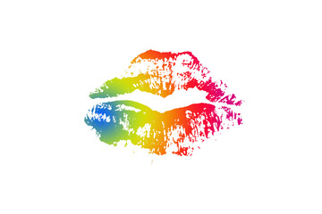 Lip mark on paper with the colors of the rainbow, symbol of freedom and the lgtbi collective