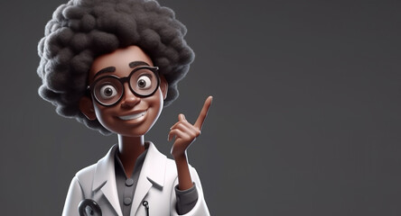 3d rendering. African woman doctor in glasses with finger up, healthcare professional. Black female cartoon character. Medical illustration, Idea concept