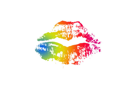 Lip mark on paper with the colors of the rainbow, symbol of freedom and the lgtbi collective
