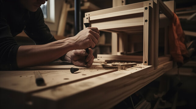 Close-up of hands putting together a bookshelf or a dresser, with the person's head cropped out of the frame. Illustrating the process of furniture assembly and the satisfaction of building something 