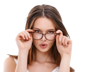 Woman, glasses and pouting lips in portrait for vision, optometry and eye health by transparent png background. Isolated model, girl and spectacles for healthy eyesight, mouth and sexy kiss gesture