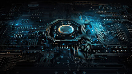 Fototapeta premium A high-tech background with metallic textures, circuitry patterns, and glowing elements. Portraying the sleek and sophisticated nature of technology, with a visually striking and futuristic design tha