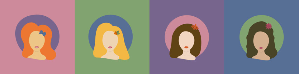 Female avatars in a circle with brunette, brown hair, blonde and redhead girls