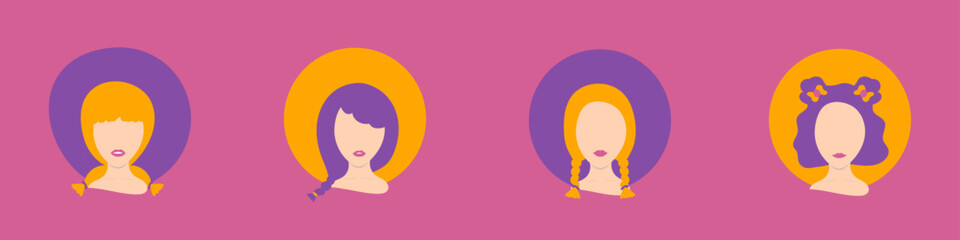 Female avatars in a circle with girls with ponytails hairstyles and hair buns in pink, yellow and purple colors