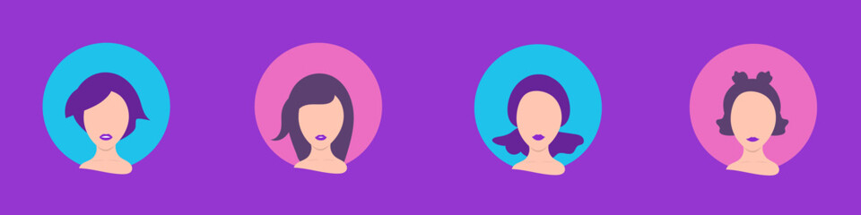 Neon female avatars in circle with crazy girl hairstyles in neon pink and blue colors