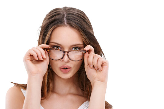 Woman, glasses and pouting lips in portrait for vision, optometry and eye health by transparent png background. Isolated model, girl and spectacles for healthy eyesight, mouth and sexy kiss gesture