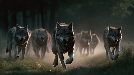 spirit animals wolf pack running in the woods - by generative ai - obrazy, fototapety, plakaty