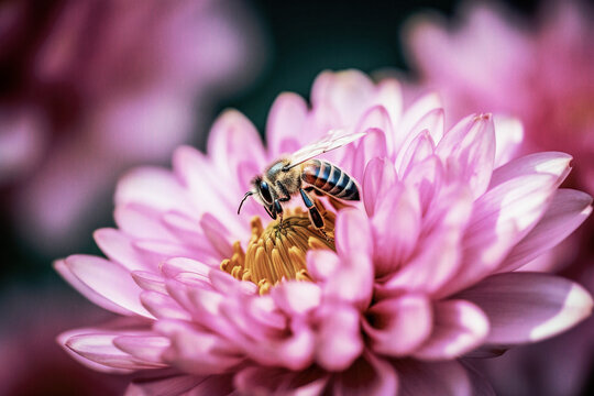 A Macro Photograph of a Bee Collecting Pollen from a Vibrant Flower - generative AI