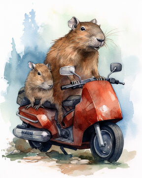 Generative AI, watercolor illustration of a small and large capybara on a motorcycle, bikers, capybara family, son and father, mother and child, card, father's day, animals, zoology, cute