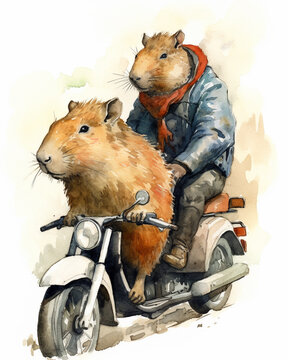 Generative AI, watercolor illustration of a small and large capybara on a motorcycle, bikers, capybara family, son and father, mother and child, card, father's day, animals, zoology, cute