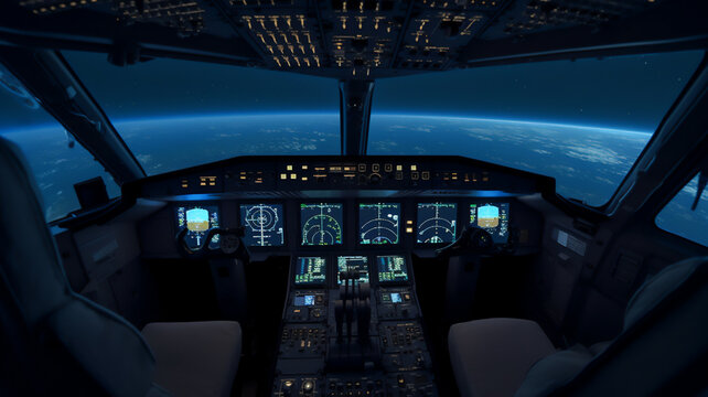 Cockpit aviation control panel digital display instruments of an aircraft in flight at night with the horizon of the Earth in clear view approaching, computer Generative AI stock illustration image