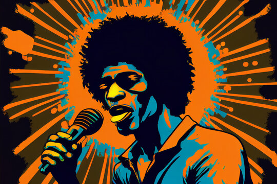 Afro-American male soul jazz singer with a microphone performing a live vocal performance in an abstract cubist style painting for a poster or flyer, computer Generative AI stock illustration