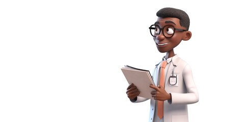 Naklejka na ściany i meble 3d render. Doctor african cartoon character shows right, gives recommendation. Professional presentation