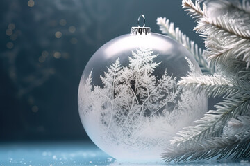 Fototapeta na wymiar Christmas bauble, ball with fir twigs and sparkling snow, AI generative Xmas greeting background with copy-space, place for text