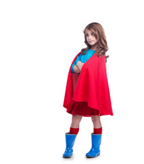 Girl kid in costume, superhero with cape and arms crossed, creativity isolated on transparent, png background. Halloween, female child or confident in cosplay with vigilante, hero and comic aesthetic - obrazy, fototapety, plakaty