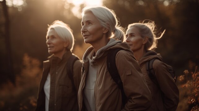 Fictional person. Group of retired aging elderly senior baby boomer women getting fit in retirement, exercising, and general wellness outdoor activities. Hiking and nature walks.