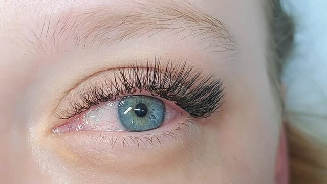 close up of eye with eyelash extensions ,beauty salon treatment,2d volume,3d volume,russian volume,mega volume