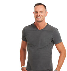 Obraz premium Confident portrait, mature and happy man isolated on transparent png background in good mood. Smile, friendly and relaxed male person with happiness, fashionable casual clothes and handsome gentleman