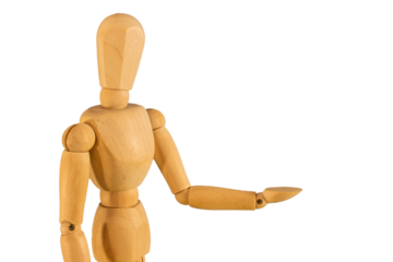A wooden doll with its hand outstretched.