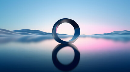 abstract surreal background with geometric infinity shape, minimalist zen scenery, panoramic seascape wallpaper. Calm water, black seashore, chrome moebius loop and blue gradient sky
