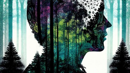 Mysterious portrait of a soul of the forest colorful drawing double exposure