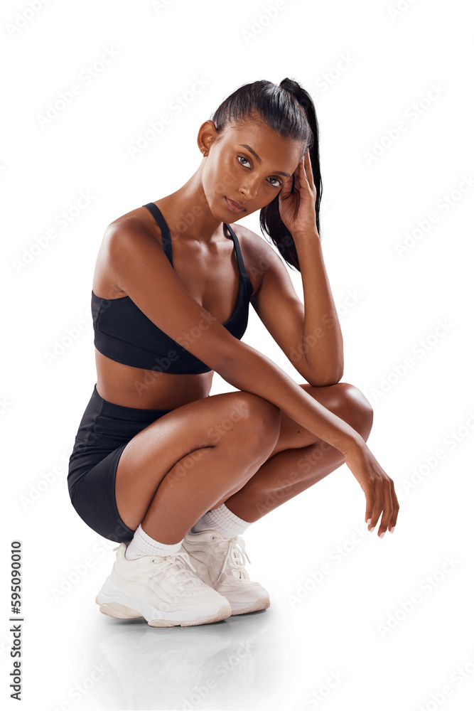 Poster Portrait, fitness and PNG with a sports woman isolated on a transparent background for health or wellness. Exercise, workout and focus with an attractive young indian female athlete training her body