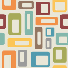 Seamless geometric Mid Century inspirational pattern with colorful (orange, blue, yellow, gray, brown, green, red, turquoise) squares decoration on pastel background - 595090210