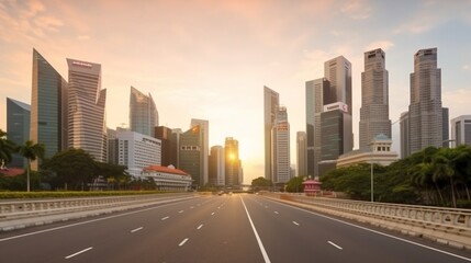Fototapeta na wymiar シンガポールのランドマークが並ぶ道、シンガポールの繁華街へ向かう道、夕暮れ時のシンガポールの街並みのスカイラインを走る車GenerativeAI