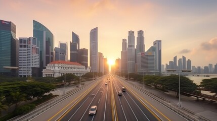 シンガポールのランドマークが並ぶ道、シンガポールの繁華街へ向かう道、夕暮れ時のシンガポールの街並みのスカイラインを走る車GenerativeAI