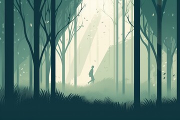 Landscape of running woman and tree depicted in a minimalist illustration. Soft and muted colors. Generative AI