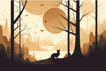 Squirrel silhouette and forest landscape in a minimalist illustration. Soft and muted colors. Generative AI