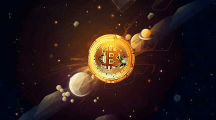 A creative illustration of a Bitcoin symbol as a rocket ship, blasting off into space towards the resistance level, with stars and planets in the background, digital art, cinematic,