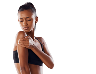 Woman, fitness and shoulder pain in sports injury, workout or training exercise accident. Fit and sporty female suffering bad arm pain, ache or discomfort isolated on a transparent PNG background
