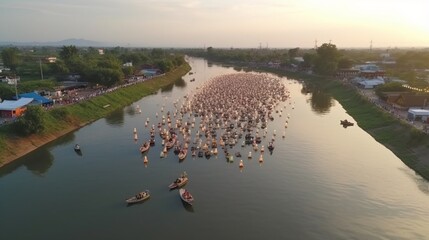 タイ・アユタヤのラッド・チャドで行われた仏教の四旬節、タイの水上祭りを空撮したものですGenerativeAI - obrazy, fototapety, plakaty