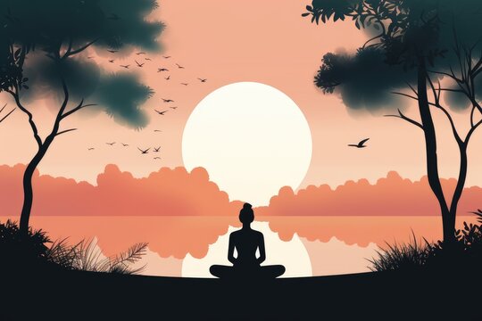 Woman doing yoga and forest landscape in a minimalist illustration. Soft and muted colors. Generative AI