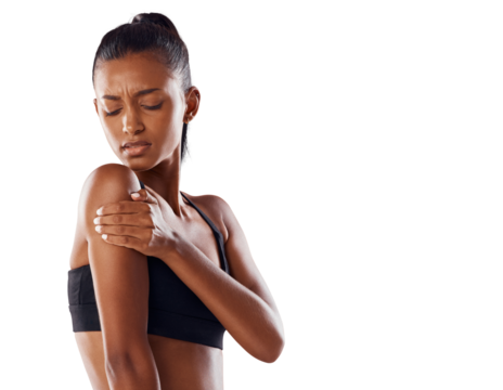 Woman, fitness and shoulder pain in sports injury, workout or training exercise accident. Fit and sporty female suffering bad arm pain, ache or discomfort isolated on a transparent PNG background