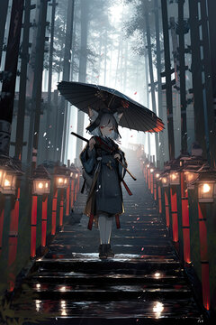 A cute anime-style virtual idol, vtuber, or digital character, immortal fox with umbrella, AI generative