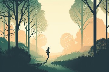 Landscape of running woman and tree depicted in a minimalist illustration. Soft and muted colors. Generative AI
