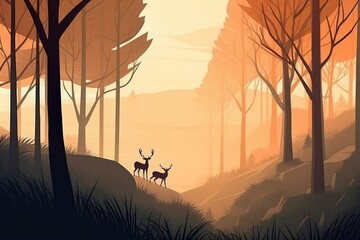 Deer silhouette and forest landscape in a minimalist illustration. Soft and muted colors. Generative AI