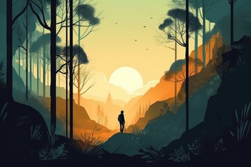 Mountaineer hiking and forest landscape in a minimalist illustration. Soft and muted colors. Generative AI